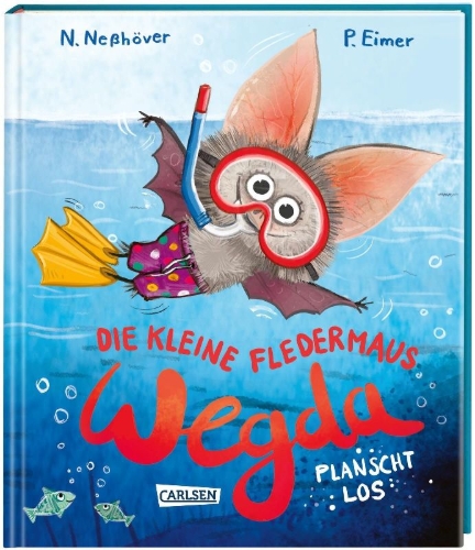 Buchcover und Innenansicht für das Buch: Die kleine Fledermaus Wegda: Wegda planscht los