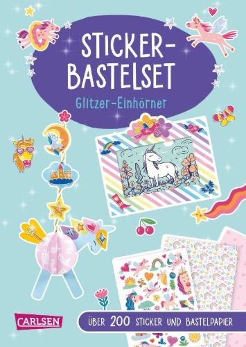 Buchcover und Innenansicht für das Buch: Bastelset für Kinder: Sticker-Bastelset: Glitzer-Einhörner