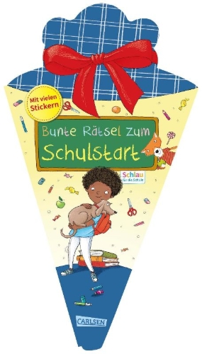 Buchcover und Innenansicht für das Buch: Schlau für die Schule: Bunte Rätsel zum Schulstart (Schultüte 2025 blau)