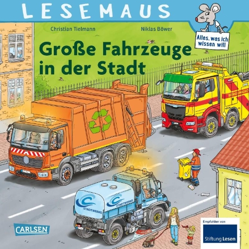 Buchcover und Innenansicht für das Buch: LESEMAUS 188: Große Fahrzeuge in der Stadt