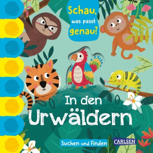Buchcover und Innenansicht für das Buch: Schau, was passt genau? In den Urwäldern
