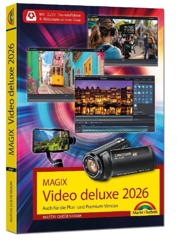 Buchcover und Innenansicht für das Buch: MAGIX Video deluxe 2026 - Das Buch zur Software. Die besten Tipps und Tricks.