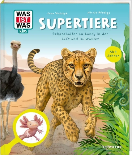 Buchcover und Innenansicht für das Buch: WAS IST WAS Kids Supertiere. Rekordhalter an Land, in der Luft und im Wasser