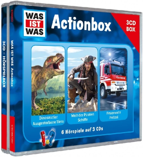 Buchcover und Innenansicht für das Buch: WAS IST WAS 3-CD-Hörspielbox "Action und Abenteuer"