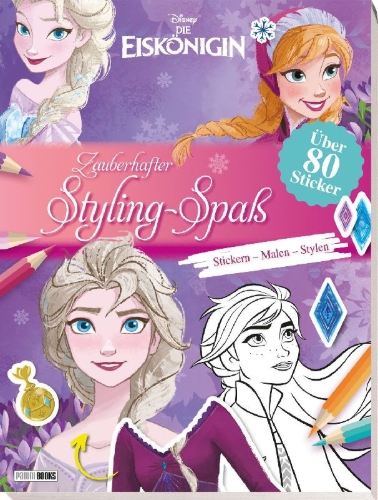 Buchcover und Innenansicht für das Buch: Disney Die Eiskönigin: Zauberhafter Styling-Spaß: Stickern, Malen, Stylen