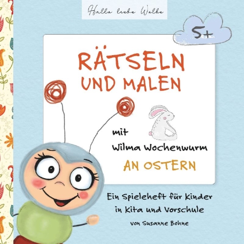 Buchcover und Innenansicht für das Buch: Rätseln und Malen mit Wilma Wochenwurm an Ostern