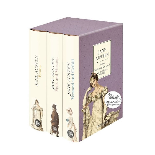 Buchcover und Innenansicht für das Buch: 3 Bücher von Jane Austen im Schuber - Emma, Stolz und Vorurteil, Verstand und Gefühl - Reclam
