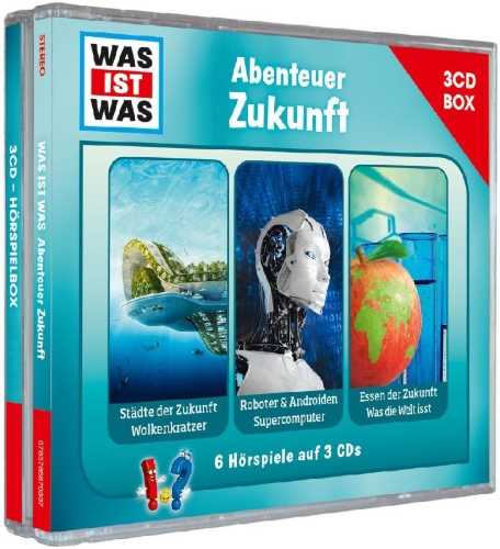 Buchcover und Innenansicht für das Buch: WAS IST WAS 3-CD Hörspielbox. Abenteuer Zukunft
