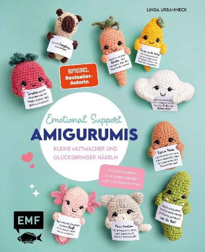 Buchcover und Innenansicht für das Buch: Emotional Support Amigurumis - Kleine Mutmacher und Glücksbringer häkeln