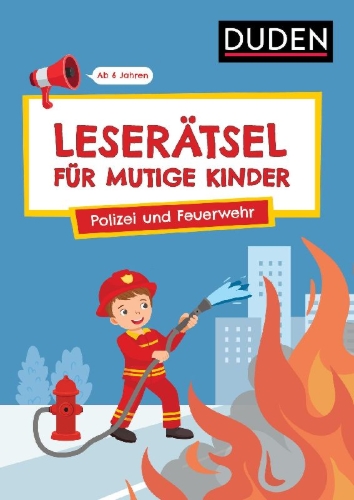 Buchcover und Innenansicht für das Buch: Leserätsel für mutige Kinder - Polizei und Feuerwehr -  Ab 6 Jahren