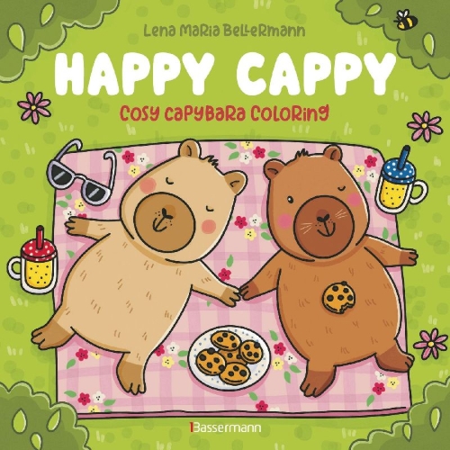 Buchcover und Innenansicht für das Buch: Happy Cappy - Cosy Capybara Coloring. Ein Ausmalbuch für jedes Alter