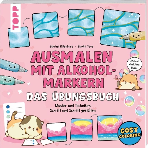 Buchcover und Innenansicht für das Buch: Ausmalen mit Alkoholmarkern - das Übungsbuch
