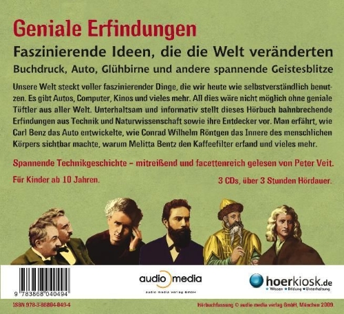 Buchcover und Innenansicht für das Buch: Geniale Erfindungen: Faszinierende Ideen, die die Welt veränderten - Buchdruck, Auto, Glühbirne und andere spannende Geistesblitze