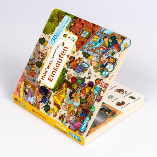 Buchcover und Innenansicht für das Buch: Hör mal (Soundbuch): Wimmelbuch: Einkaufen