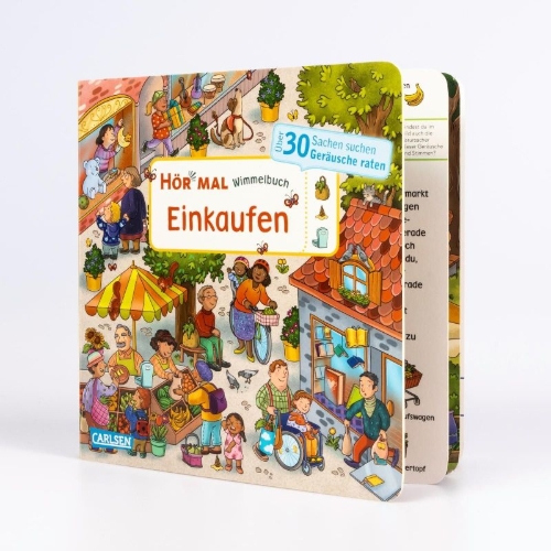Buchcover und Innenansicht für das Buch: Hör mal (Soundbuch): Wimmelbuch: Einkaufen