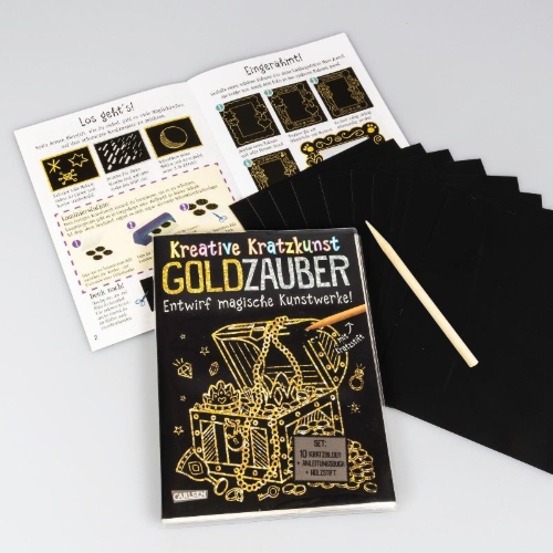 Buchcover und Innenansicht für das Buch: Kratzbilder für Kinder: Kreative Kratzkunst: Goldzauber