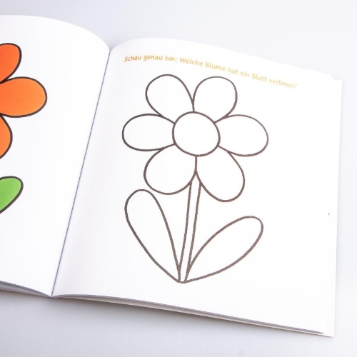 Buchcover und Innenansicht für das Buch: Das dicke Kindergarten-Malbuch: Mit farbigen Vorlagen und lustiger Fehlersuche