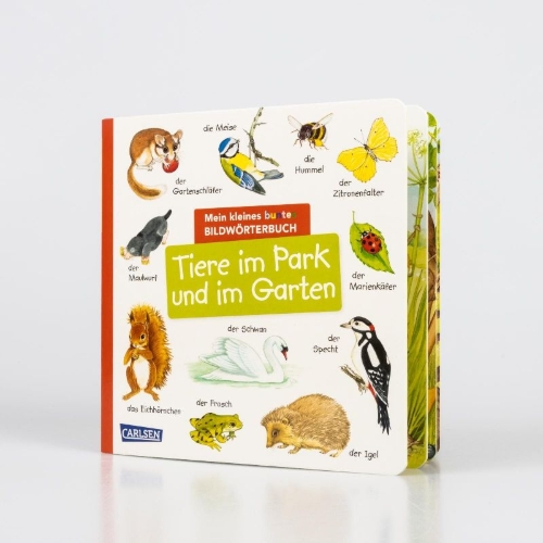 Buchcover und Innenansicht für das Buch: Mein kleines buntes Bildwörterbuch: Tiere im Park und im Garten