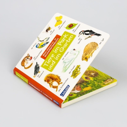 Buchcover und Innenansicht für das Buch: Mein kleines buntes Bildwörterbuch: Tiere im Park und im Garten