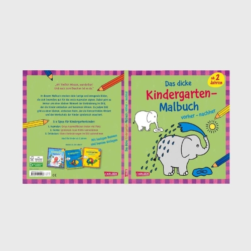 Buchcover und Innenansicht für das Buch: Ausmalbilder für Kita-Kinder: Das dicke Kindergarten-Malbuch: vorher und nachher