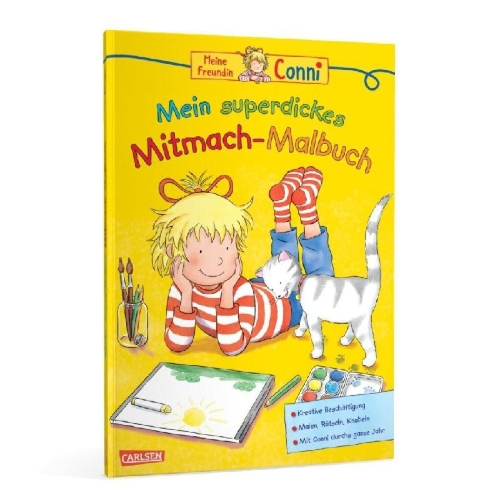 Buchcover und Innenansicht für das Buch: Conni Gelbe Reihe: Mein superdickes Mitmach-Malbuch