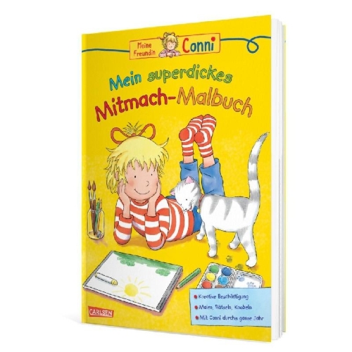 Buchcover und Innenansicht für das Buch: Conni Gelbe Reihe: Mein superdickes Mitmach-Malbuch