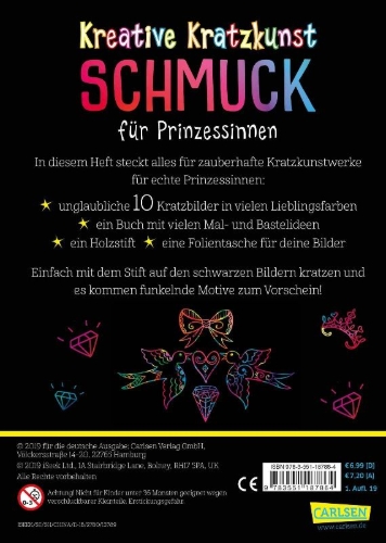 Buchcover und Innenansicht für das Buch: Kreative Kratzkunst: Schmuck für Prinzessinnen: Set mit 10 Kratzbildern, Anleitungsbuch und Holzstift