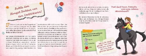 Buchcover und Innenansicht für das Buch: In der Falle! Gefahr auf dem Reiterhof - Ein Escape-Adventskalender für Kids