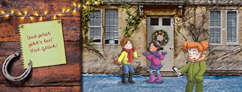 Buchcover und Innenansicht für das Buch: In der Falle! Gefahr auf dem Reiterhof - Ein Escape-Adventskalender für Kids