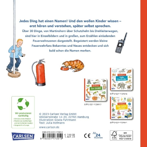 Buchcover und Innenansicht für das Buch: Mein kleines buntes Bildwörterbuch: Bei der Feuerwehr