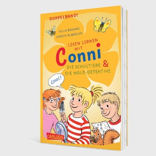 Buchcover und Innenansicht für das Buch: Lesen lernen mit Conni: Doppelband. Enthält die Bände: Conni und die Schultiere / Conni und die Wald-Detektive