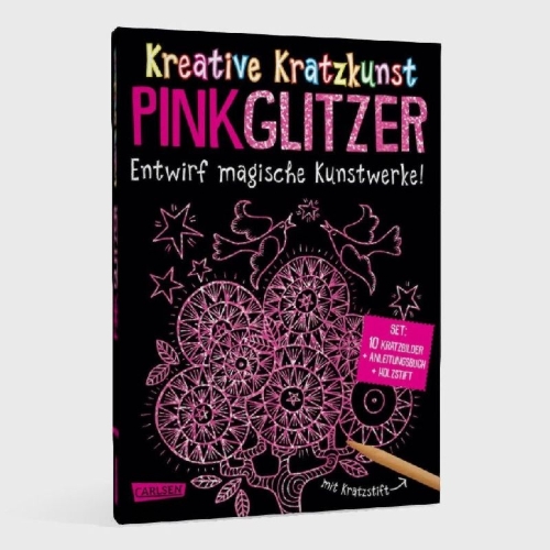 Buchcover und Innenansicht für das Buch: Kreative Kratzkunst: Pink Glitzer: Set mit 10 Kratzbildern, Anleitungsbuch und Holzstift
