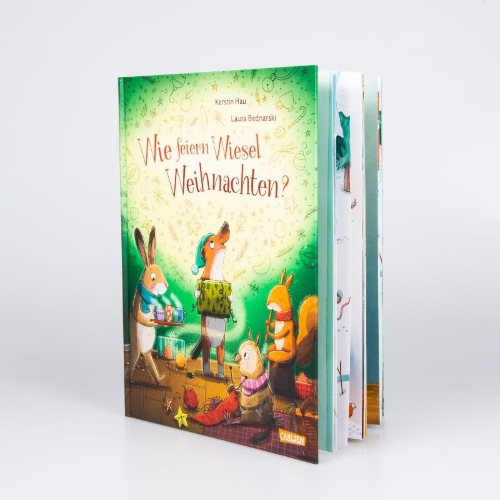 Buchcover und Innenansicht für das Buch: Wie feiern Wiesel Weihnachten?