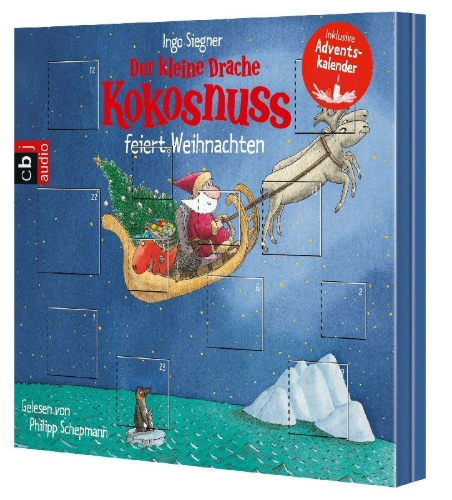 Buchcover und Innenansicht für das Buch: Der kleine Drache Kokosnuss feiert Weihnachten