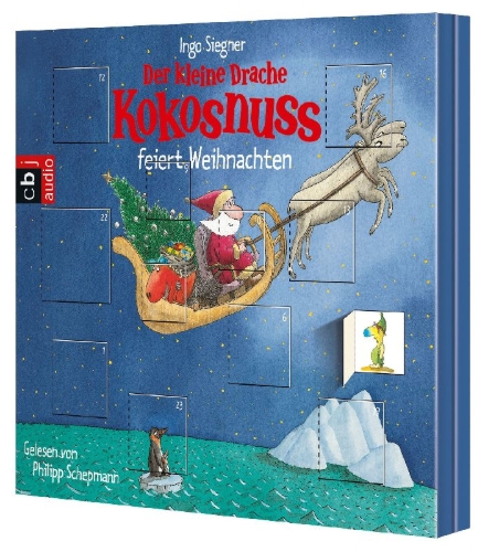 Buchcover und Innenansicht für das Buch: Der kleine Drache Kokosnuss feiert Weihnachten