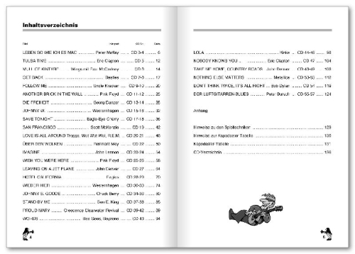 Buchcover und Innenansicht für das Buch: Peter Burschs Songbuch für Gitarre. Ohne Noten