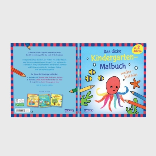 Buchcover und Innenansicht für das Buch: Ausmalbilder für Kita-Kinder: Das dicke Kindergarten-Malbuch: Weiterkritzeln
