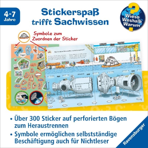 Buchcover und Innenansicht für das Buch: Wieso? Weshalb? Warum? Stickerheft: Weltraum