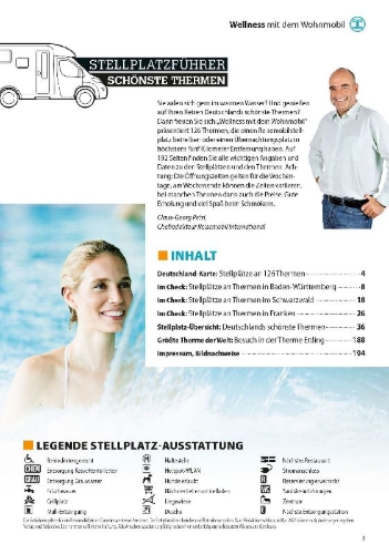 Buchcover und Innenansicht für das Buch: Stellplatzführer Schönste Thermen
