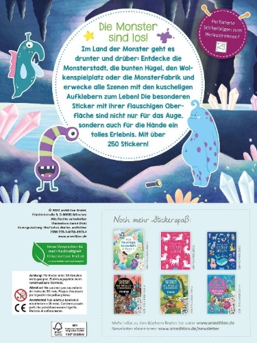 Buchcover und Innenansicht für das Buch: Mein flauschiges Stickerheft - Monster