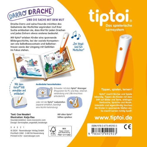 Buchcover und Innenansicht für das Buch: tiptoi® Bildergeschichten über den Umgang mit Gefühlen - Darro Drache und die Sache mit dem Mut