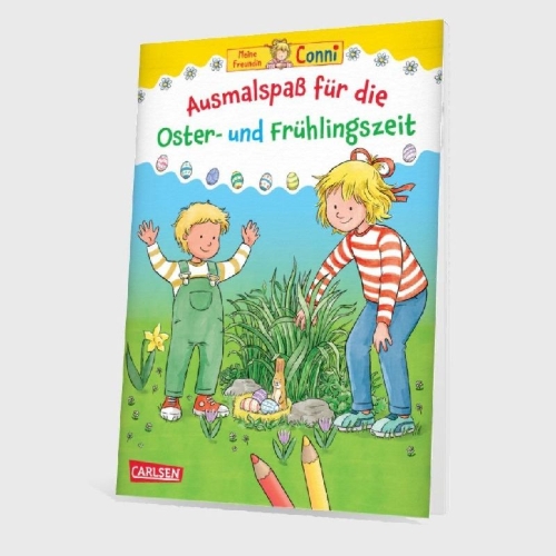 Buchcover und Innenansicht für das Buch: Conni Gelbe Reihe (Beschäftigungsbuch): Ausmalspaß für die Oster- und Frühlingszeit