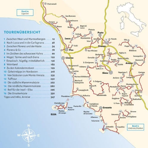 Buchcover und Innenansicht für das Buch: Entdeckertouren mit dem Wohnmobil Toskana und Elba
