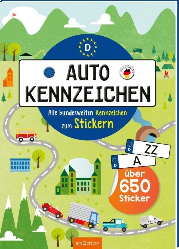 Buchcover und Innenansicht für das Buch: Autokennzeichen - Alle bundesweiten Kennzeichen zum Stickern