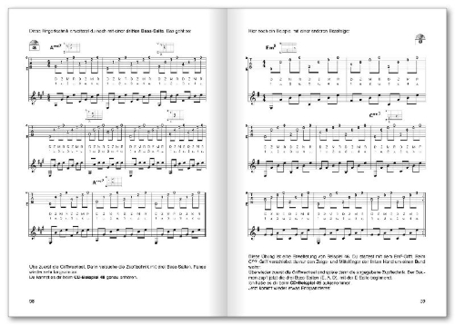 Buchcover und Innenansicht für das Buch: Peter Bursch's Zupftechniken für Gitarre