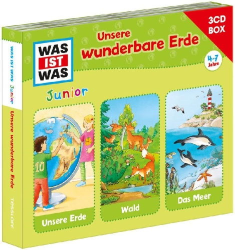 Buchcover und Innenansicht für das Buch: WAS IST WAS Junior 3-CD Hörspielbox. Unsere wunderbare Erde