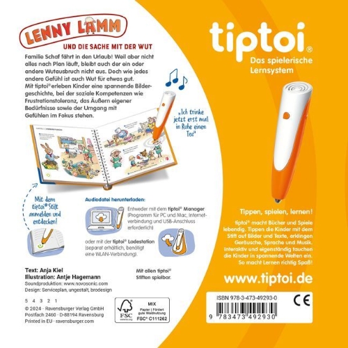 Buchcover und Innenansicht für das Buch: tiptoi® Bildergeschichten über den Umgang mit Gefühlen - Lenny Lamm und die Sache mit der Wut