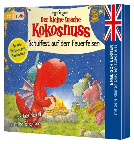 Buchcover und Innenansicht für das Buch: Der kleine Drache Kokosnuss - Schulfest auf dem Feuerfelsen