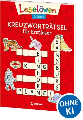Buchcover und Innenansicht für das Buch: Leselöwen Kreuzworträtsel für Erstleser. 2. Klasse (Rot)
