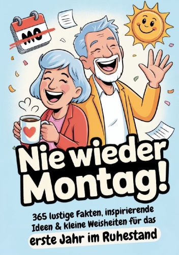 Buchcover und Innenansicht für das Buch: Ruhestand Geschenk | Nie wieder Montag! 365 lustige Fakten, inspirierende Ideen & kleine Weisheiten für das erste Jahr im Ruhestand